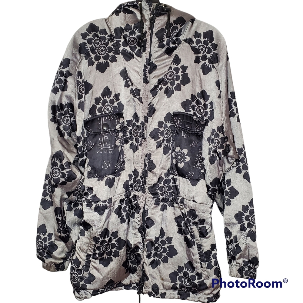 Vintage 80s‎ NILS vintage ski hood jacket silver black floral lightweight size 8